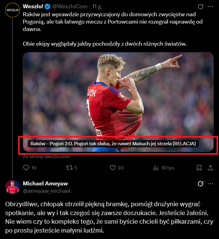 ODPOWIEDŹ Michaela Ameyawa na TYTUŁ ARTYKUŁU po meczu Raków - Pogoń!